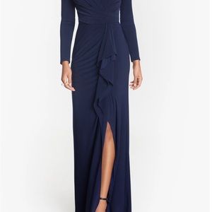 Betsy & Adam Petite 14 Elle Long Sleeve V Neck Cascade Slit Dress Gown Navy NEW